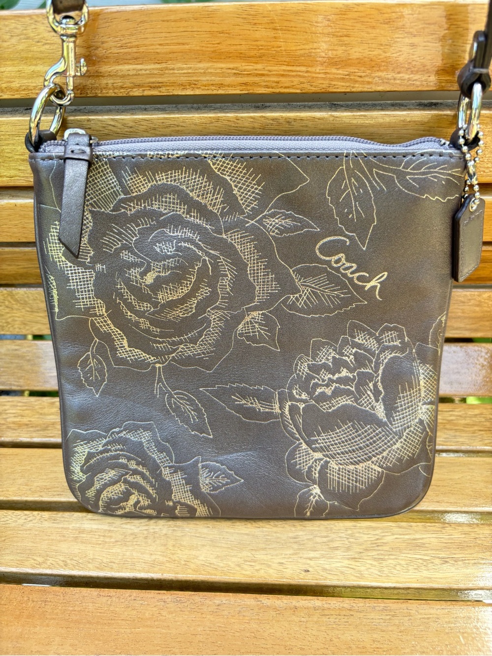 NWT Coach 43833 Rose Tattoo Medium Crossbody Hematite Gray Leather